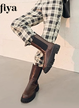 Safiya/索菲娅秋冬圆头拼接弹力厚底烟筒靴切尔西靴女SF14116026