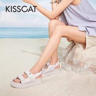 羊皮魔术贴小香风厚底沙滩凉鞋 KISS CAT 接吻猫夏季 女KA54386