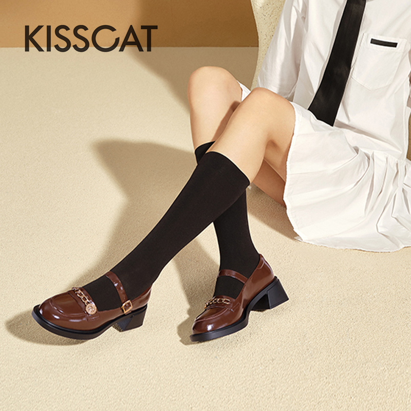 KISS CAT/接吻猫春秋牛皮玛丽珍粗跟小皮鞋圆头单鞋女KA43120-51