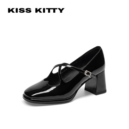 KISSKITTY牛皮方头水钻玛丽珍鞋