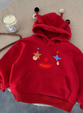 儿童可爱卫衣加绒秋冬新款男女童外星人帽衫宝宝红色连帽外套洋气