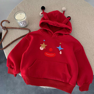 儿童可爱卫衣加绒秋冬新款男女童外星人帽衫宝宝红色连帽外套洋气