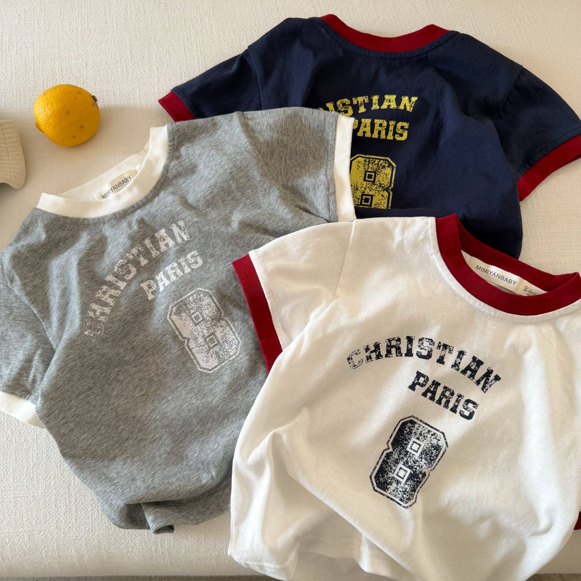 儿童字母T恤男韩版2026夏季新款小童拼色上衣纯棉宝宝短袖T女薄款