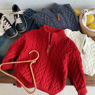 男童休闲毛衣2025冬季新款儿童麻花半拉链门禁休闲柔软套头针织衫