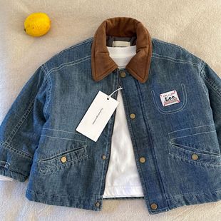 儿童牛仔外套男夹棉2025秋冬新款小童棉服明线宝宝字母棉衣女洋气