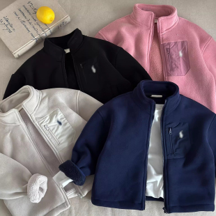 儿童毛毛衣双面绒男秋冬小童纯色夹克弹力潮牌宝宝加绒外套女洋气