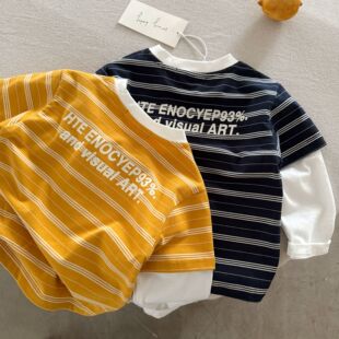 小童假两件上衣宝宝字母打底衫 新款 女洋气 春季 儿童条纹T恤男韩版