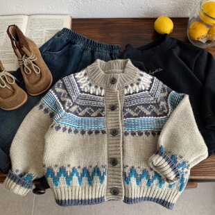 儿童提花毛衣男2025秋冬季新款小童毛线开衫潮宝宝加厚外套女洋气