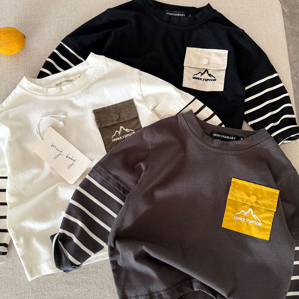 儿童条纹T恤韩版2026春季款男童假两件上衣宝宝口袋打底衫女洋气,童装/婴儿装/亲子装,T恤,淘宝优惠券,粉丝福利购,淘宝优惠卷