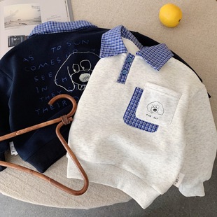 儿童POLO衫男加绒2025秋冬新款小童口袋卫衣宝宝小狗打底衫女洋气