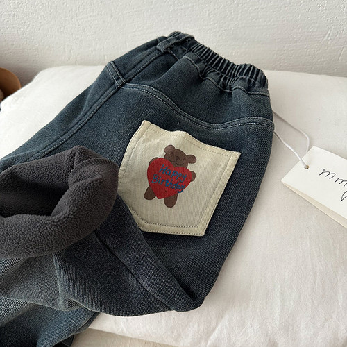 不二妈纯色牛仔裤加绒加厚卡通冬