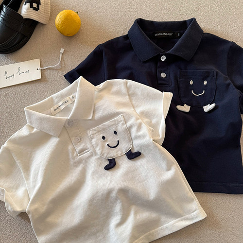 儿童笑脸polo衫男2026夏季新款小童口袋上衣潮宝宝短袖T恤女薄款