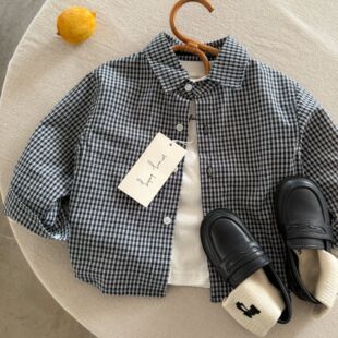 儿童休闲衬衫男韩版2026春秋新款小童开衫上衣宝宝格子衬衣女洋气