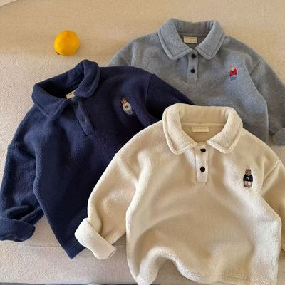 儿童加绒POLO衫秋冬款男童装纯色上衣内搭宝宝卡通打底衫女双面绒