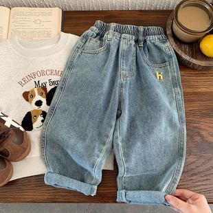 子潮宝宝纯色字母长裤 男女童休闲裤 百搭 2026春秋新款 儿童软牛仔裤