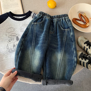 男童加绒牛仔裤2025冬季新款宝宝加厚宽松大裤腿弯刀拼接长裤子潮