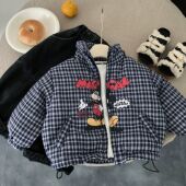儿童棉袄男夹棉2025冬季 小童格子棉衣服潮宝宝卡通外套女加厚 新款