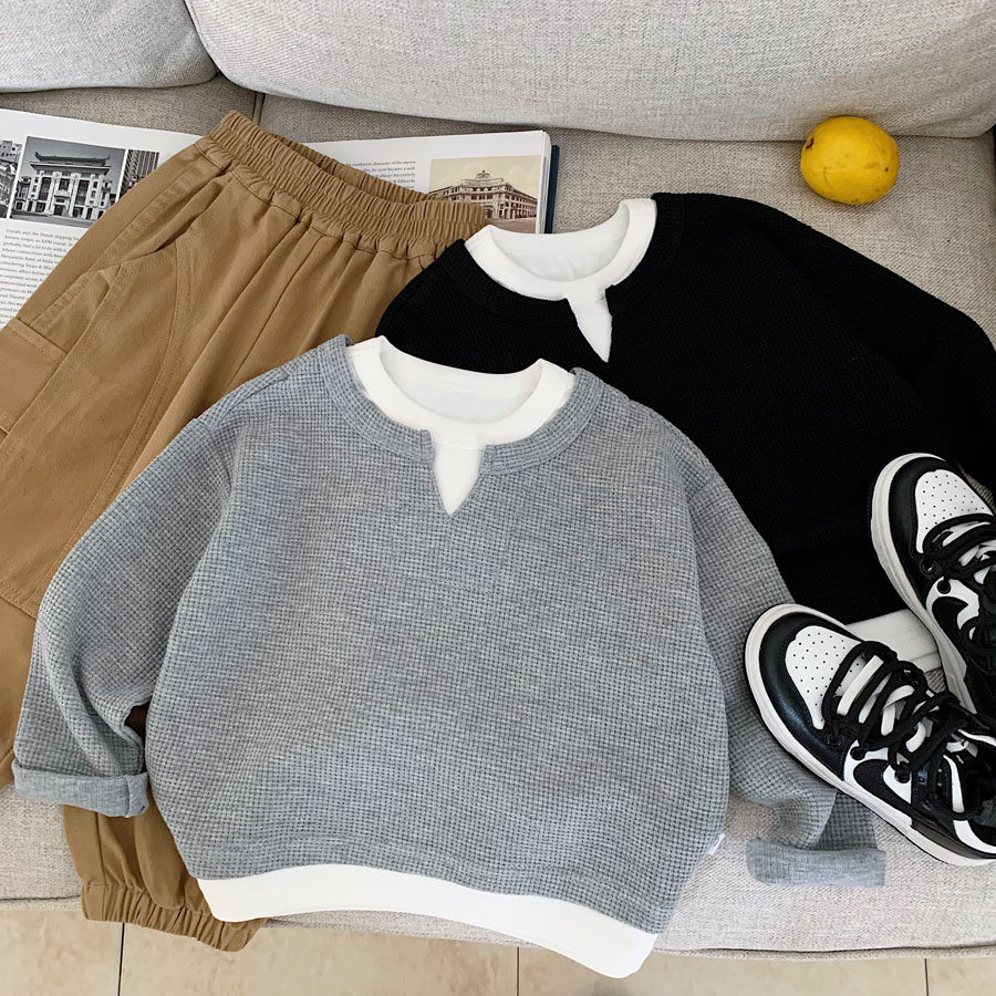 儿童华夫格卫衣2026春秋新款男女童华夫格宝宝套头纯棉卫衣洋气帅