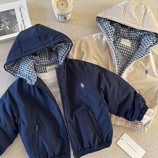 儿童连帽外套男夹棉冬季新款小童装纯色冲锋衣保暖宝宝棉服女洋气