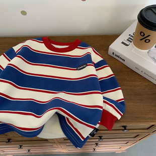 女加绒 小童休闲卫衣保暖宝宝打底衫 儿童条纹T恤男童冬季 2025新款