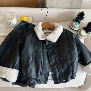 儿童皮夹克男加绒加厚2025冬季款小童纯色开衫保暖宝宝外套女厚绒
