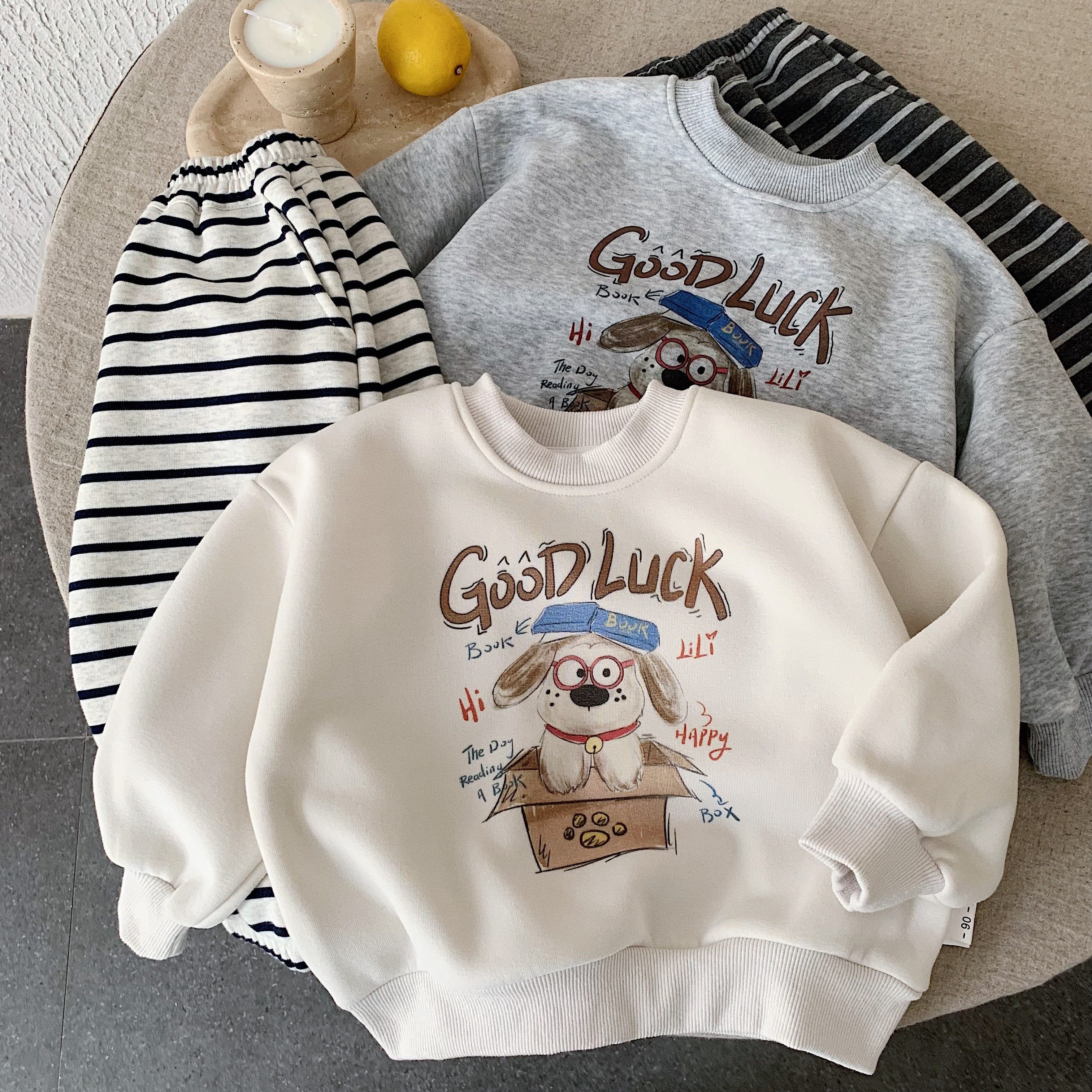 儿童卡通卫衣套装男加绒秋冬款小童条纹卫裤保暖宝宝打底衫女洋气,童装/婴儿装/亲子装,套装,淘宝优惠券,粉丝福利购,淘宝优惠卷