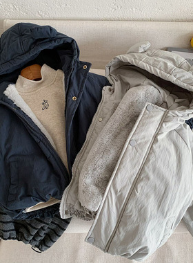 儿童连帽棉服加绒2025冬季款男女童兔耳棉袄外套宝宝纯色棉衣加厚