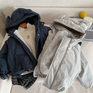 儿童连帽棉服加绒2025冬季款男女童兔耳棉袄外套宝宝纯色棉衣加厚