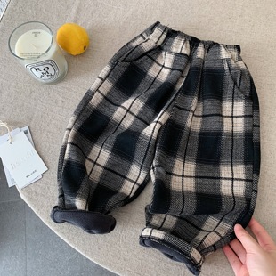 儿童休闲裤男加绒2025冬季新款小童格子长裤保暖宝宝直筒裤女洋气