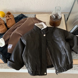 儿童皮夹克男夹棉2025冬季 小童纯色外套洋气潮宝宝皮衣女加厚 新款