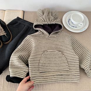 儿童条纹卫衣套装加绒冬男童长裤兔耳朵宝宝连帽外套两件套女可爱
