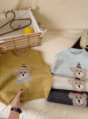 儿童卡通马甲秋季2025新款男女童小熊无袖毛衣洋气宝宝坎肩内外搭