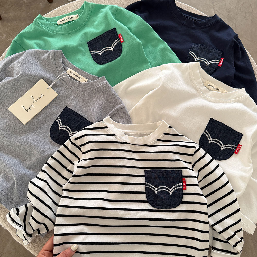 儿童条纹T恤男韩版2026春秋款小童口袋上衣宝宝纯棉打底衫女洋气,童装/婴儿装/亲子装,T恤,淘宝优惠券,粉丝福利购,淘宝优惠卷