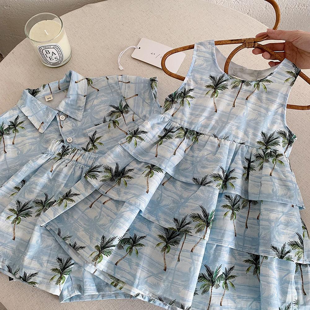 儿童衬衫套装沙滩风夏季女童连衣裙姐弟装纯棉宝宝短袖衬衣男薄款