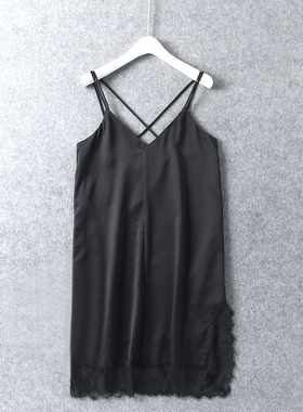 V27 原DAN 性感搭配款 睫毛蕾丝开叉下摆 细肩带V领吊带连衣裙