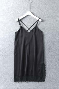 睫毛蕾丝开叉下摆 性感搭配款 细肩带V领吊带连衣裙 原DAN V27