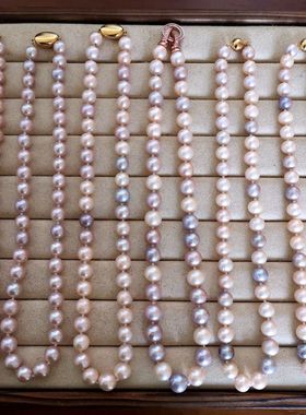 特价经典天然无核正圆粉色紫色混彩8-9-10-11mm淡水珍珠项链颈链