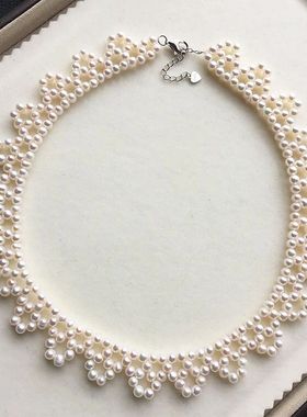 日系网红款时尚天然淡水珍珠项链多层花式手工编织蕾丝颈链锁骨链