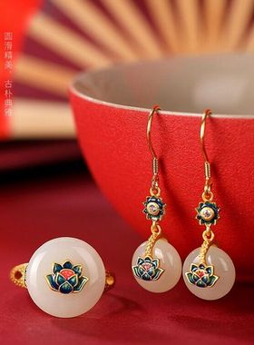 国潮风平安扣景泰蓝和田玉戒指