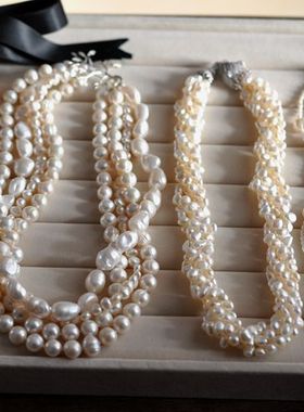 原创新款淡水复古多股编织多层天然异形黑白灰珍珠颈链项链锁骨链