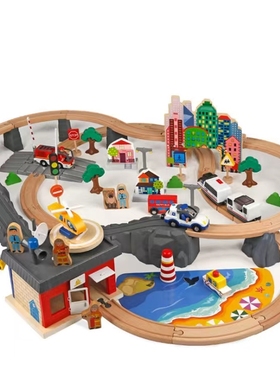 儿童早教木质小火车轨道磁性电动车头92件消防警察火车轨道套装