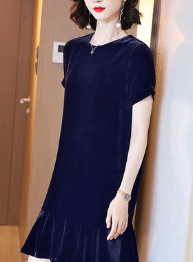 丁摩  夏季圆领进口丝绒连衣裙女荷叶边优雅气质A字裙子Q122050