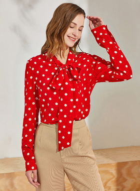 丁摩 春夏真丝衬衫长袖波点蝴蝶结红色桑蚕丝大码女装上衣Q121026