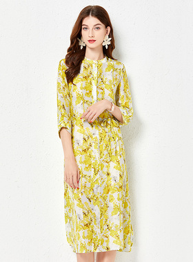 丁摩 春夏真丝连衣裙时尚收腰系带桑蚕丝裙子21156