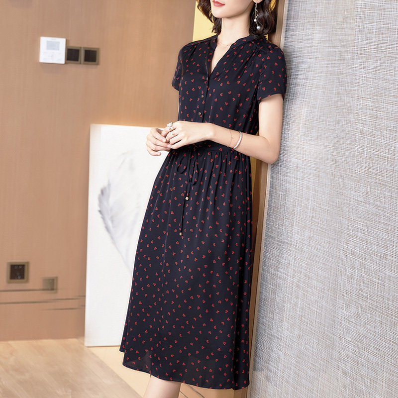 丁摩  真丝连衣裙新款显瘦女桑蚕丝印花V领系带收腰裙20-165