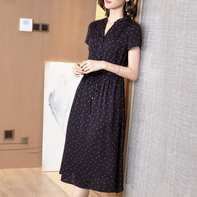 丁摩  真丝连衣裙新款显瘦女桑蚕丝印花V领系带收腰裙20-165