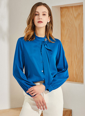 丁摩 春夏19姆米重磅真丝圆领上衣桑蚕丝长袖T恤立领衬衣Q121016