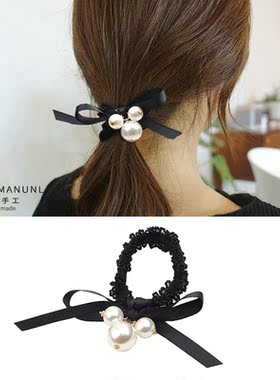 怒推款蝴蝶结珍珠发绳双马尾黑色发圈皮筋头饰加粗高弹力发绳C86