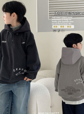 布芮欧童装2025冬季新款男女童拼接一体绒卫衣连帽套头衫潮86619