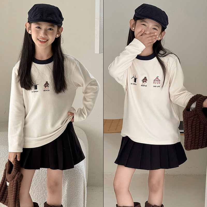 大E小e2025冬季新款男女童德绒长袖T恤中大童抗菌绣花打底衫5581